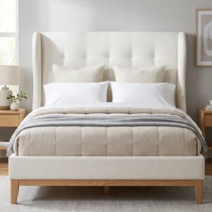 Upholstered Queen Size Bed with Wingback Headboard, Oak Legs and Slatted Base