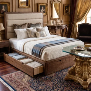 Platform King Size Bed with Upholstered Headboard, Walnut Frame and Under-Bed Storage Drawers