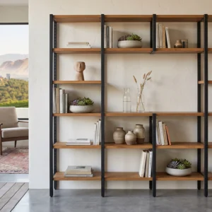 Open Modular Bookshelf with Adjustable Shelves, Steel Frame and Solid Wood Panels