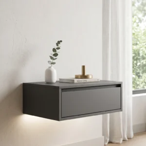 Floating Modern Bedside Table with Single Drawer, LED Strip Light and Matte Finish