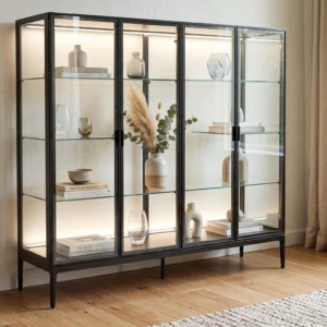 Modern Display Cabinet with LED Interior Lighting, Tempered Glass Doors and Slim Metal Frame