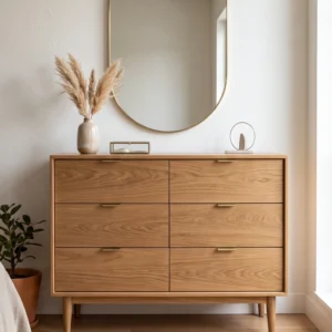 Modern Dresser with Oval Mirror, 6-Drawer Chest, Tapered Legs and Matte Wood Finish