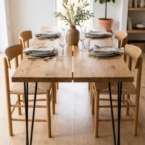 Extendable 6-Seater Dining Table with Solid Oak Top, Hairpin Legs and Natural Wood Finish