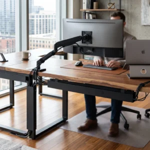 L-Shape Modern Executive Desk with Cable Management, Solid Wood Top and Metal Frame