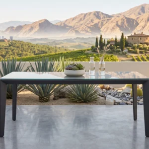 Modern Outdoor Dining Table with Powder-Coated Steel Frame and Tempered Glass Top