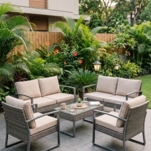 Modern 5-Piece Patio Set with Aluminium Frame, All-Weather Wicker and Matching Coffee Table