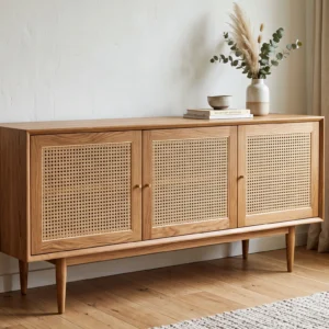 Minimalist Sideboard with Rattan Door Panels, Solid Wood Frame and Tapered Legs