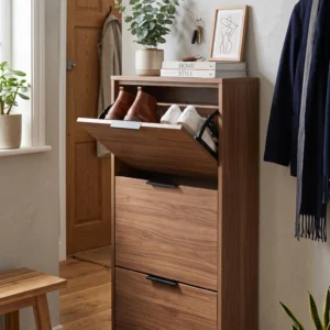 Modern Slim Shoe Cabinet with Flip-Door Design, 3-Tier Storage and Matte Wood Finish