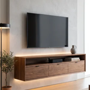 Floating Modern TV Unit with Walnut Veneer, LED Backlight Channel and Minimalist Flat-Front Drawers