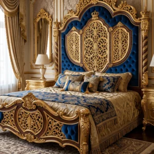 Grand Royal King Size Bed with Heavily Carved Headboard, Gold Filigree Panels and Ornate Footboard