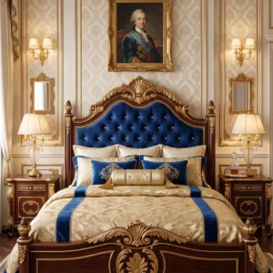 Regal Queen Size Bed with Tufted Velvet Headboard, Carved Gold Accents and Premium Solid Wood Frame