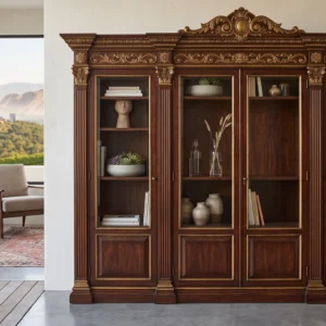 Heritage Royal Bookshelf with Carved Cornice, Glass Doors, Adjustable Shelves and Antique Gold Finish