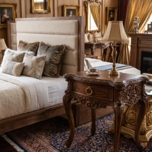 Ornate Royal Bedside Table with Carved Apron, Brass Ring Handle, One Drawer and Cabriole Legs