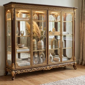 Grand Royal Display Cabinet with Hand-Carved Frame, Glass Shelves, Mirror Back and Gold Filigree Details