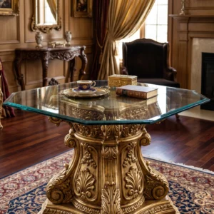 Grand Royal Coffee Table with Heavy Carved Pedestal Base, Beveled Glass Top and Antique Gold Finish