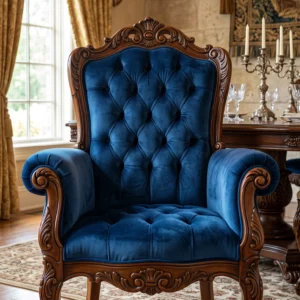 Royal Tufted Dining Chair with Carved Walnut Frame, Button-Tufted Velvet Back and Rolled Arms