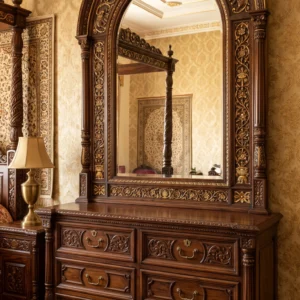 Imperial Royal Dresser with Full Arch Mirror, Carved Frame, Brass Hardware and 6-Drawer Chest