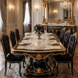 Grand Black And Gold Classic Dining Room Set with Heavy Carved Table Base, Marble-Top Finish, Tufted Royal Chairs And Ornate Buffet Mirror Ensemble