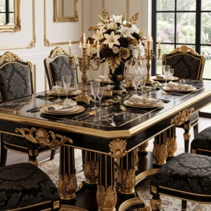 Grand Black And Gold Classic 6-Seater Dining Table with Heavy Carved Column Legs and Marble-Look Top