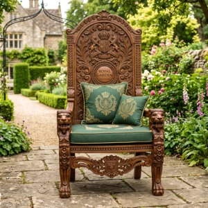 Royal Garden Throne Chair with Teak Wood Frame, Carved Back Panel and Weather-Resistant Cushion