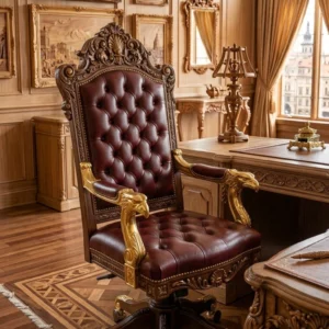 Imperial Executive Office Chair with High-Back Carved Frame, Tufted Leather Upholstery and Gold Armrests