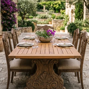 Royal Outdoor Dining Table with Teak Top, Carved Pedestal Base and All-Weather Protective Finish