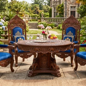 Royal Teak Patio Set with Carved Table, 4 Throne Chairs, Cushions and Matching Side Table