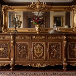 Ornate Royal Sideboard with Carved Doors, Antique Mirror Top Panel, Brass Hardware and Gold Inlay