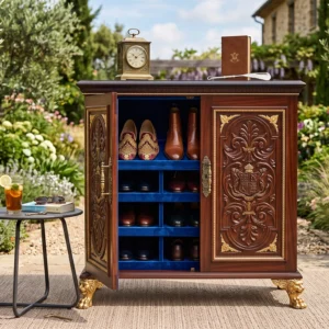 Royal Entrance Shoe Cabinet with Carved Doors, Velvet-Lined Interior, Brass Handles and Ornate Feet
