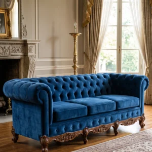 Grand Royal Chesterfield 3-Seater Sofa with Deep Button Tufting, Carved Walnut Legs and Velvet Upholstery