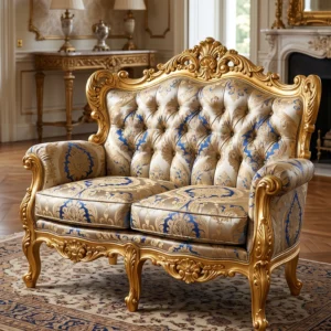 Ornate Royal 2-Seater Loveseat Sofa with Gold Leaf Carved Frame, Tufted Back and Silk Brocade Fabric