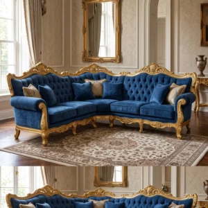 Majestic Royal L-Shape Sectional Sofa Set with Carved Gold Frame, Deep Tufting and Premium Chenille Fabric
