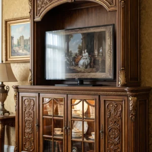 Heritage Royal TV Unit Cabinet with Ornate Hand-Carved Panels, Glass Shutters and Antique Gold Trims
