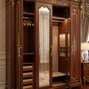 Grand Royal 4-Door Wardrobe with Mirror Panels, Carved Cornices, Gold Handles and Full-Length Interior