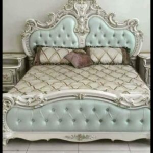 Classic Pastel Mint & Gold Carved Upholstered Bed