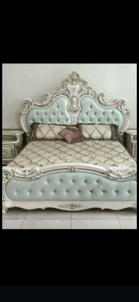 Classic Pastel Mint & Gold Carved Upholstered Bed