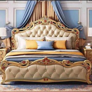 Royal Gold & Blue Velvet Tufted King Bed with Floral Inlay