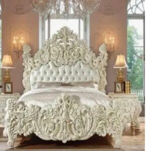 Luxurious Hand-Carved White Rococo Bed