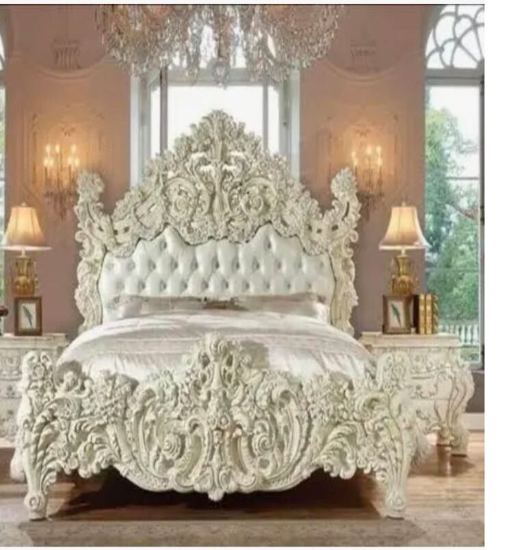 Luxurious Hand-Carved White Rococo Bed