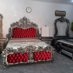 Victorian Silver & Crimson Velvet Carved King Bed