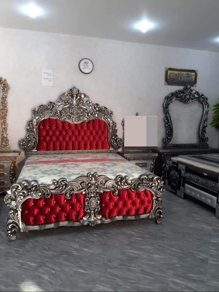 Victorian Silver & Crimson Velvet Carved King Bed