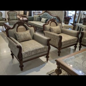 Carved Wood Cane-Back Sofa Set with Armchairs