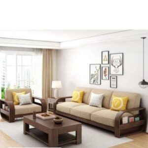 Wooden Sofa Set with Open Bookshelf Arms