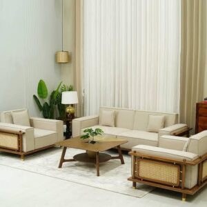 Modern Wood Frame Sofa Set with Cane Side Panels