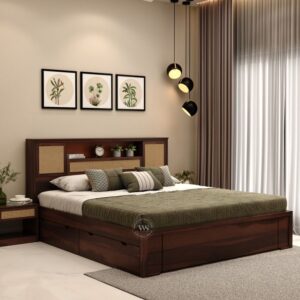 Sheesham Wood Storage Bed with Cane Headboard