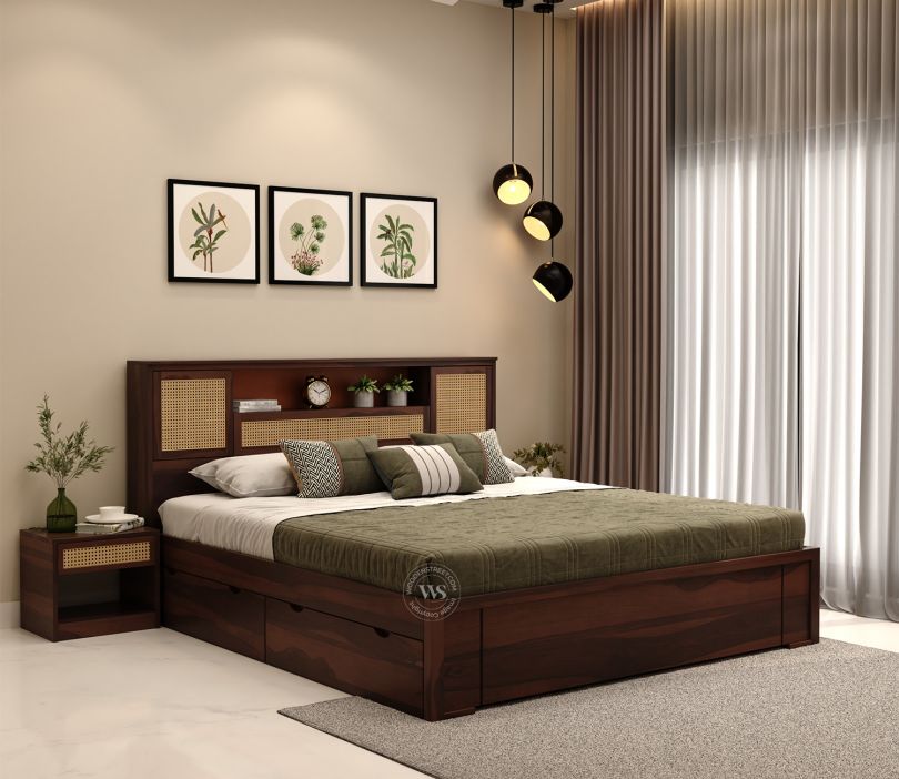 Sheesham Wood Storage Bed with Cane Headboard