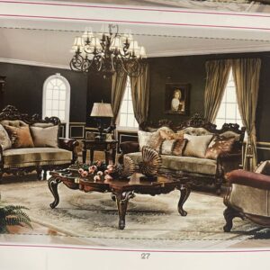 Classic Carved Wood Sofa Set with Tufted Cushions