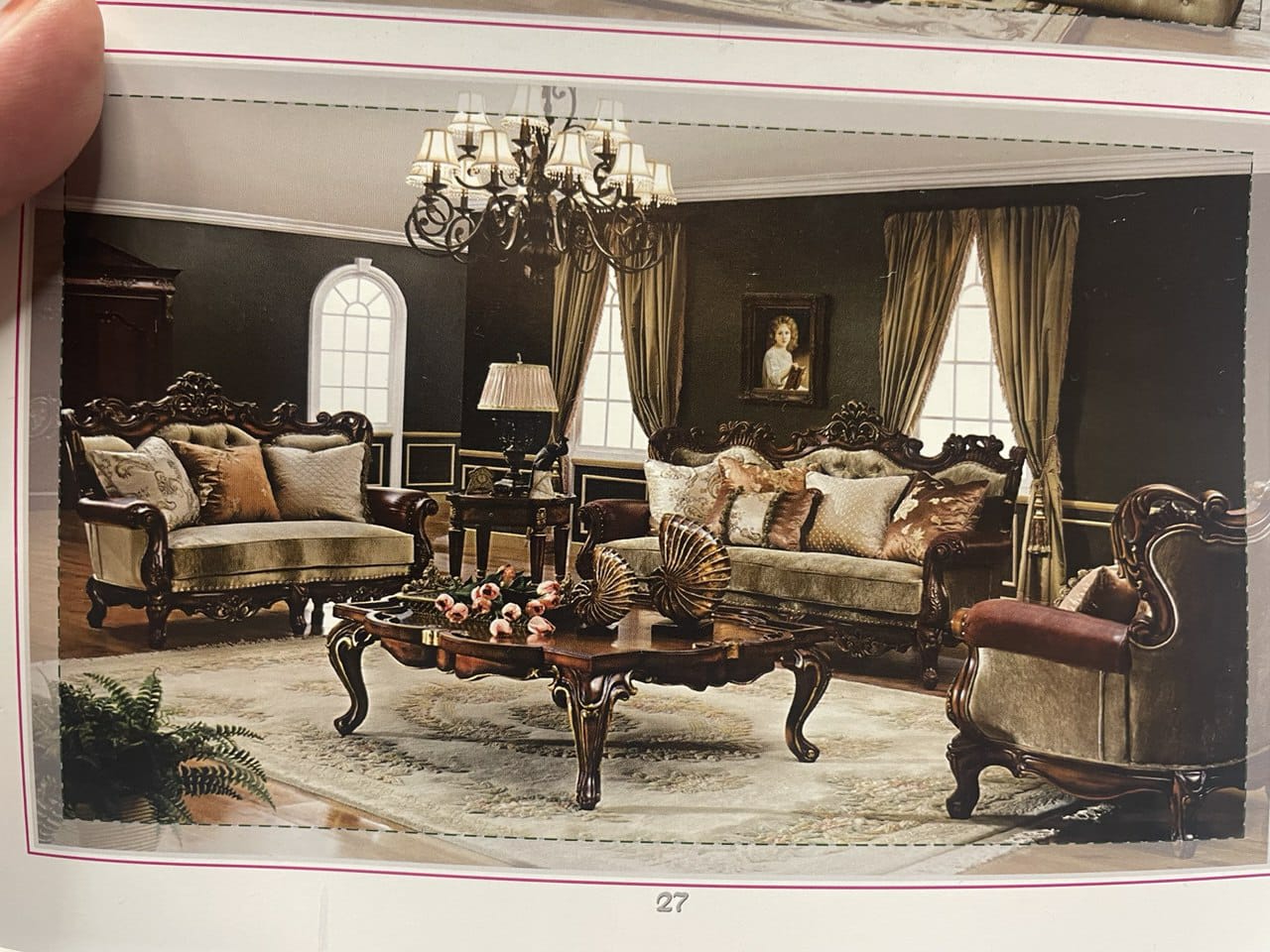 Classic Carved Wood Sofa Set with Tufted Cushions
