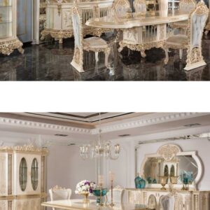 White & Gold Ornate Dining Set with China Cabinet