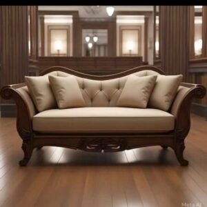 Carved Wood Loveseat with Tufted Cream Cushions